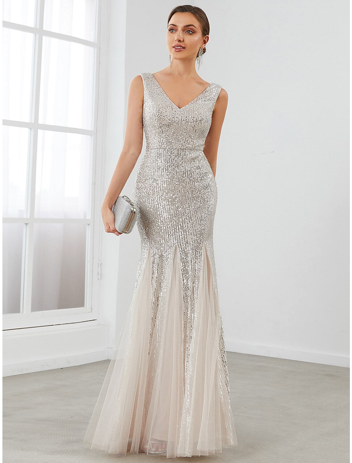 Meerjungfrau/Trompete Abendkleid, elegantes Kleid, formeller Abend, bodenlang, ärmellos, V-Ausschnitt, Pailletten, V-Rücken mit Pailletten, reine Farbe